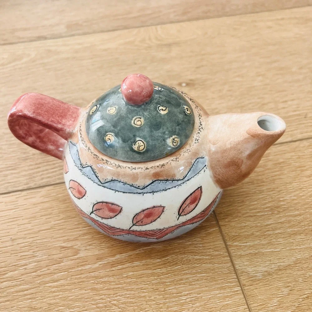 Sango Coffee Shoppe Sue Zipkin Ceramic‎ Teapot Leaf Pattern Hand Painted Boho